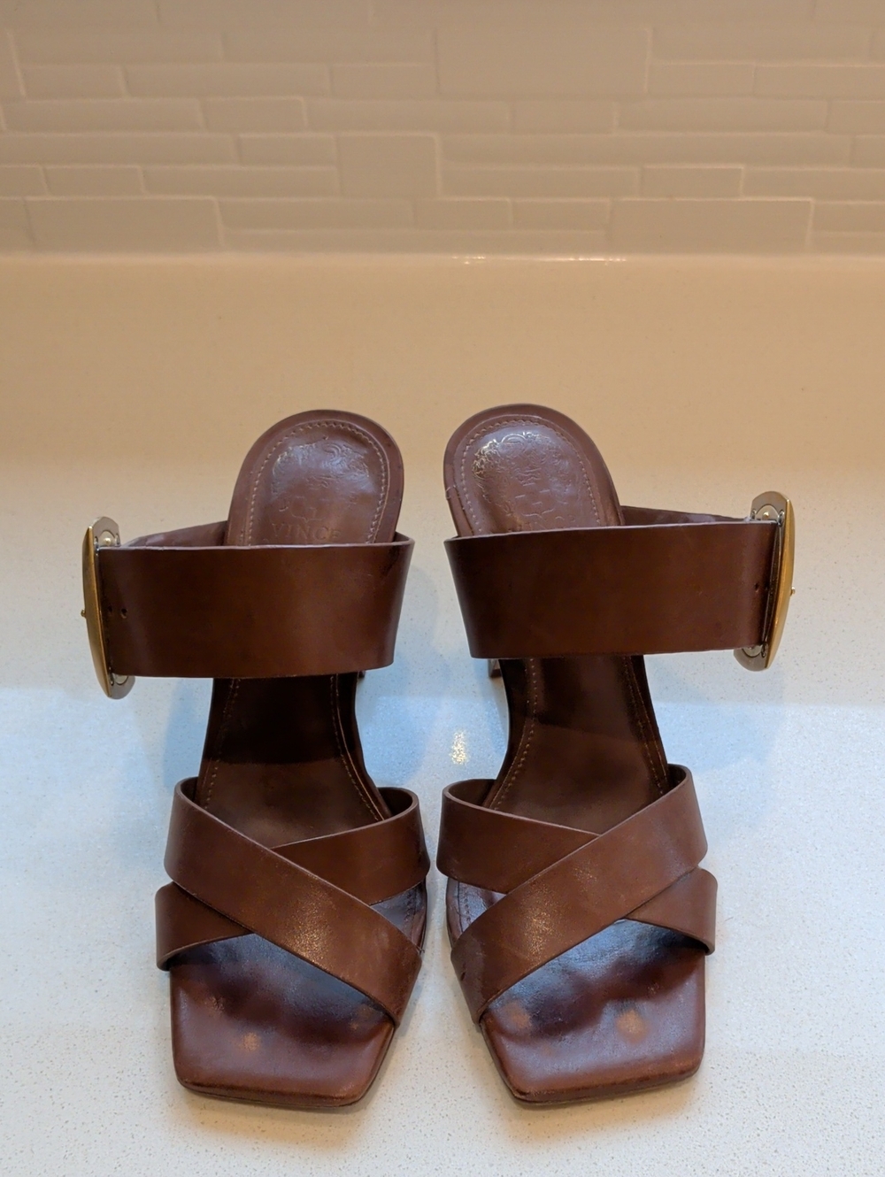 Vince Camuto Brown Leather Strappy Slide Heels